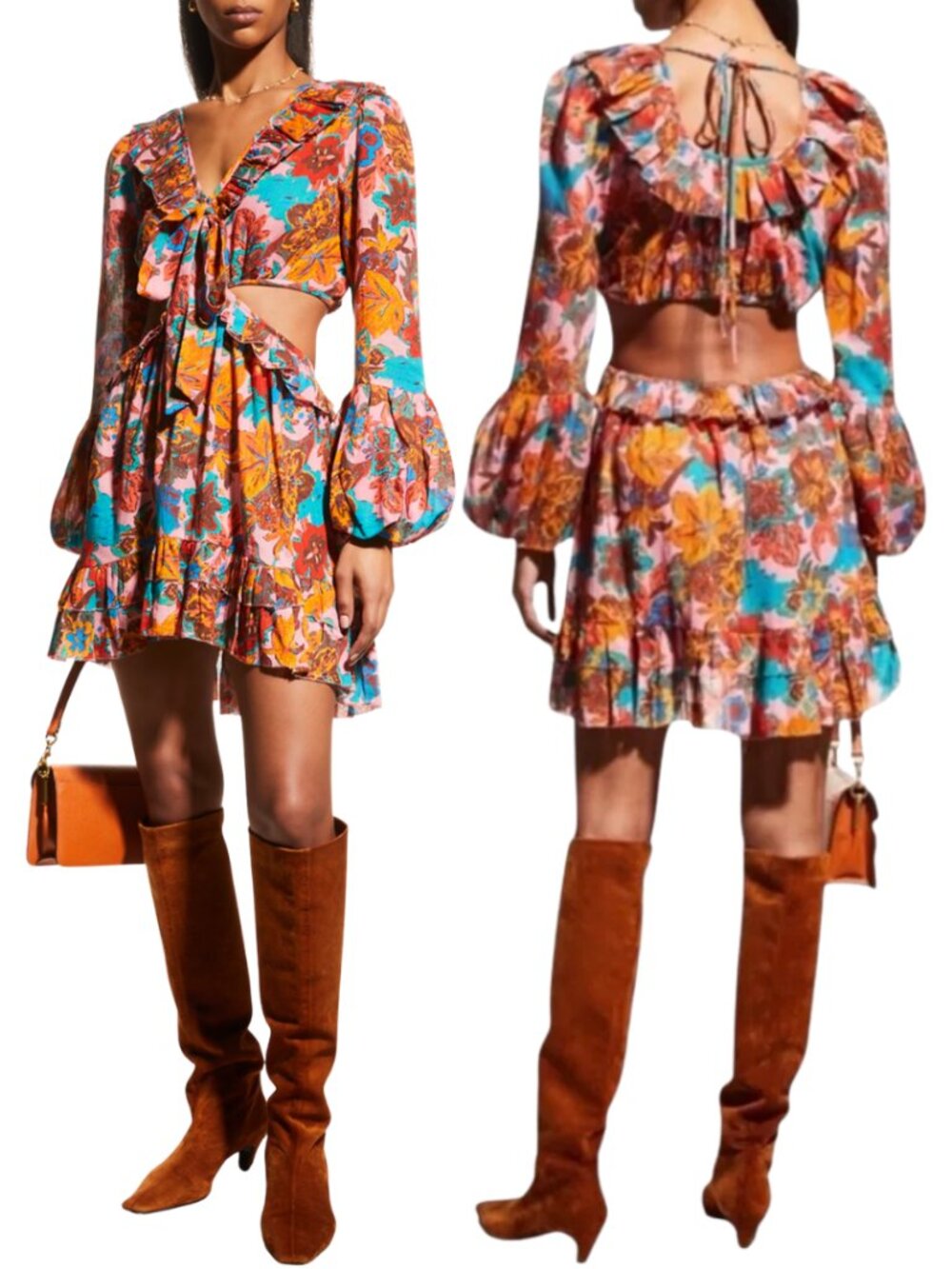 Love The Label Nadia Front-Tie Ruffle Mini Dress Women's Medium Floral Cut Out